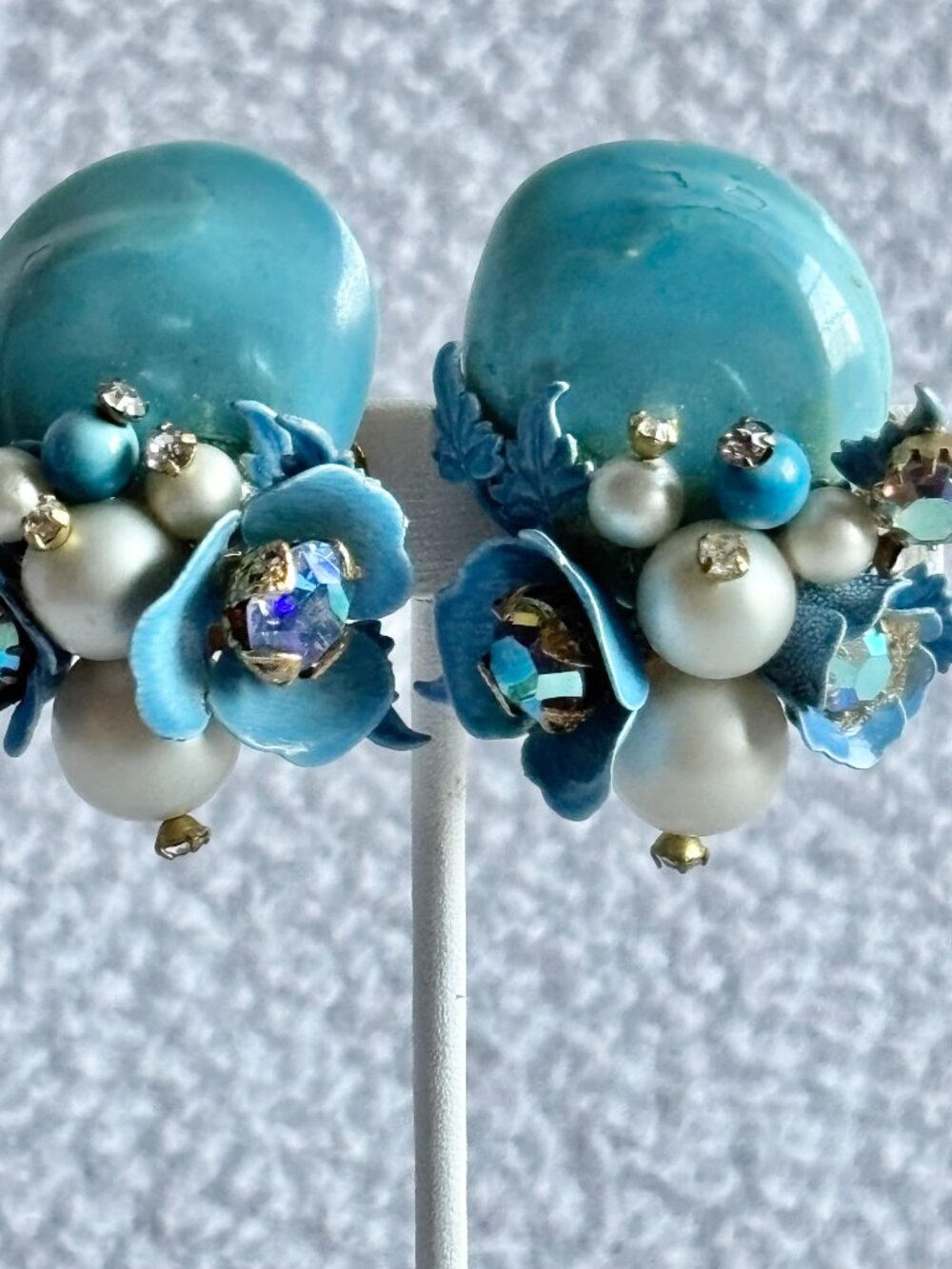 Vintage Midcentury Blue Enameled Faux Pearl & Rhinestone Clip Earrings